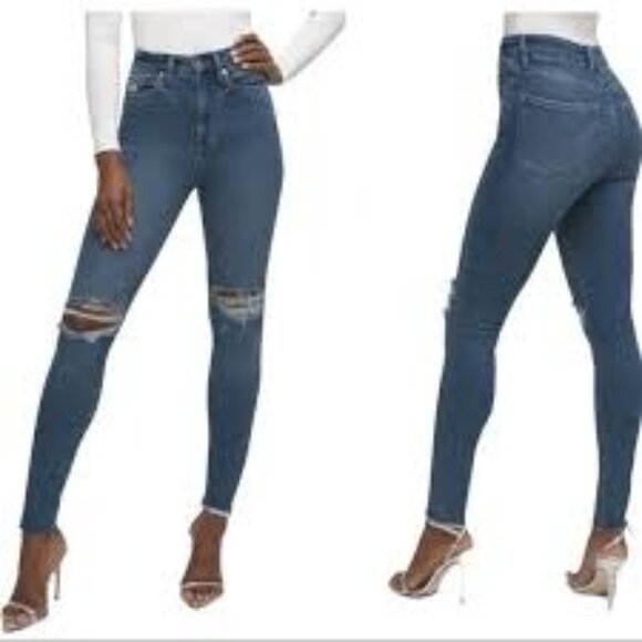 Good American Crop Raw Edge Skinny Jeans Distressed Blue Denim Womens 12/31 - Picture 15 of 16